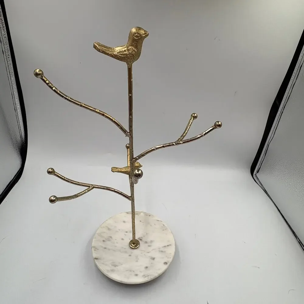Gold Bird Tree Jewelry Stand White Marble Base Branch Necklace Holder India